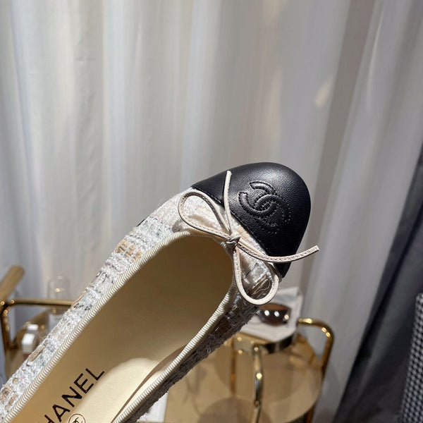 ballet flat gold white tweed black calfskin