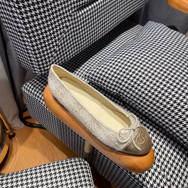 ballerina in tweed bianco oro, pelle di vitello metallizzata oro