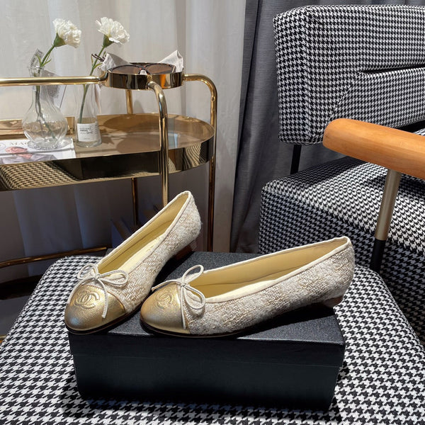ballerina in tweed bianco oro, pelle di vitello metallizzata oro