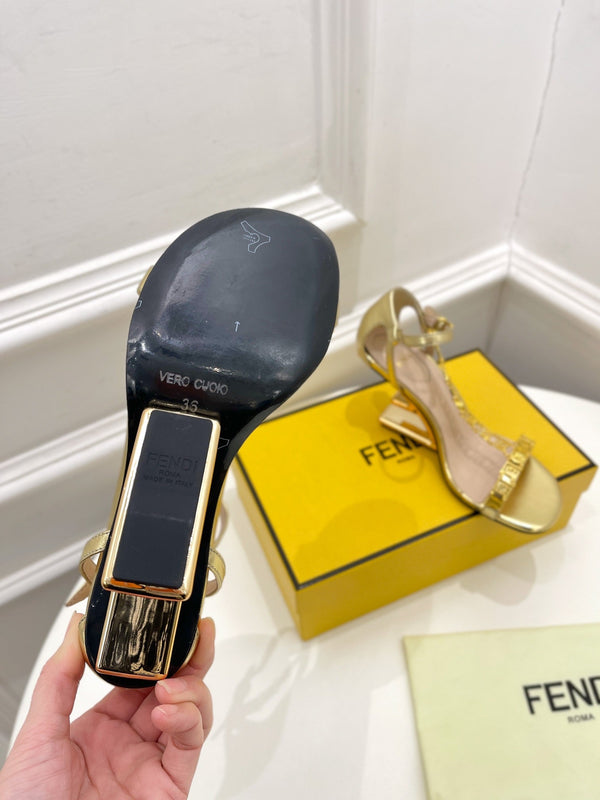 FENDI HIGH-HEELED 85 MM SANDALS IN GOLDEN LAMBSKIN WITH GOLD HARDWARE