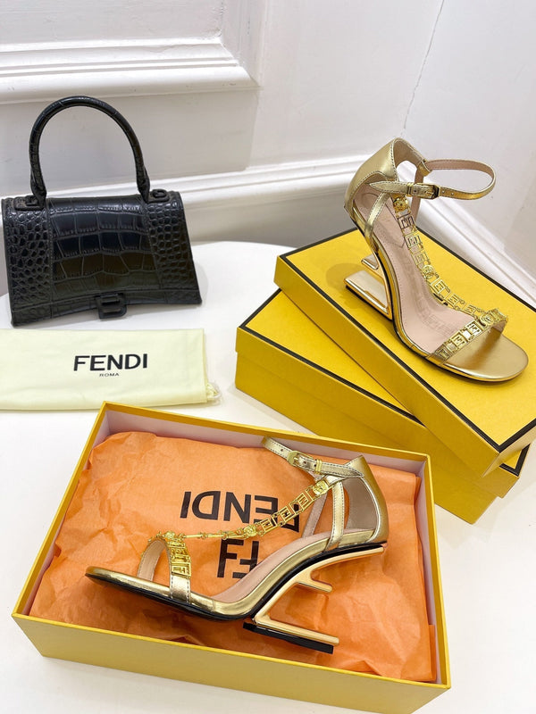 FENDI HIGH-HEELED 85 MM SANDALS IN GOLDEN LAMBSKIN WITH GOLD HARDWARE