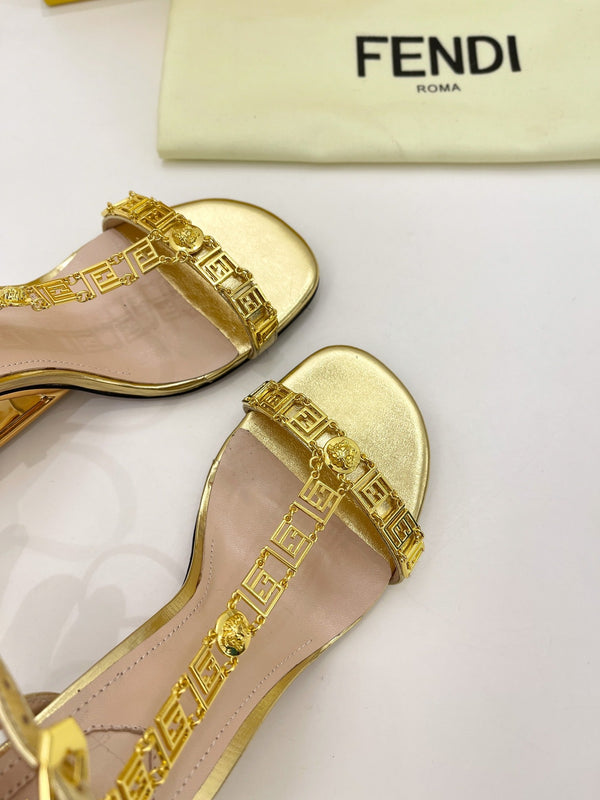 FENDI HIGH-HEELED 85 MM SANDALS IN GOLDEN LAMBSKIN WITH GOLD HARDWARE