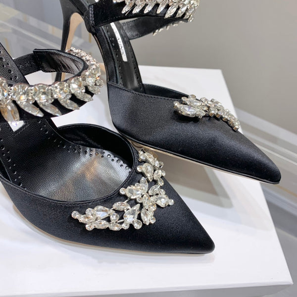 Manolo Mules Crystal Black Silk Satin 219377