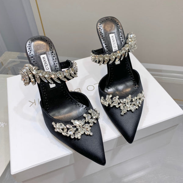 Manolo Mules Crystal Black Silk Satin 219377