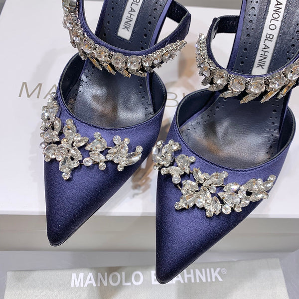 Manolo Mules Crystal Blu Navy Satin di seta 219378