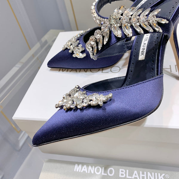 Manolo Mules Crystal Blu Navy Satin di seta 219378