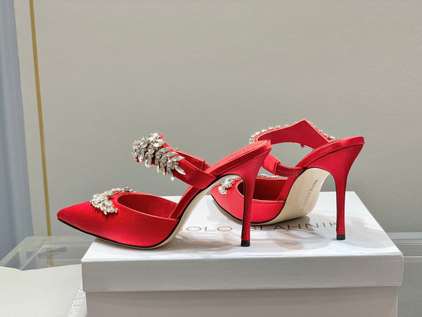 Manolo Mules Crystal Red Silk Satin 219379