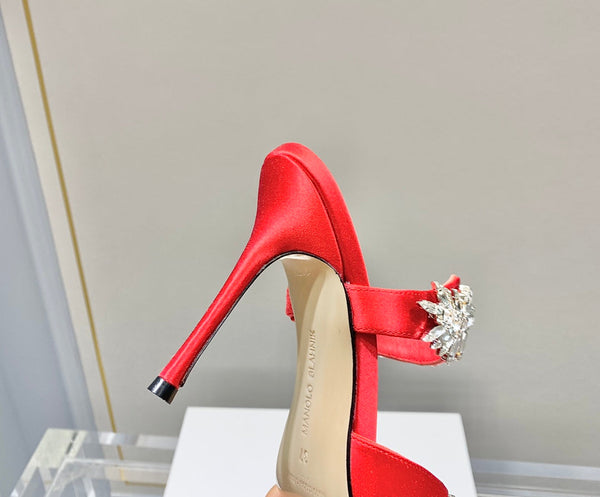 Manolo Mules Crystal Red Silk Satin 219379