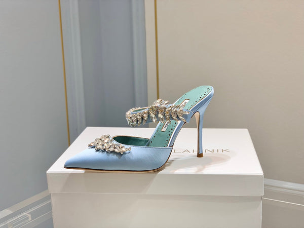 Manolo Mules Crystal Blue Silk Satin 219380