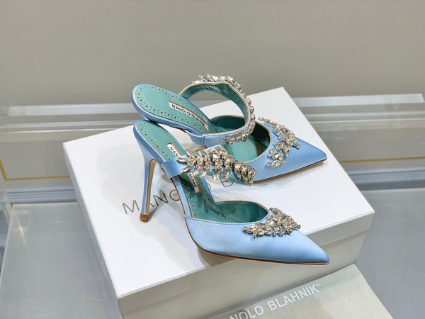 Manolo Mules Crystal Blue Silk Satin 219380