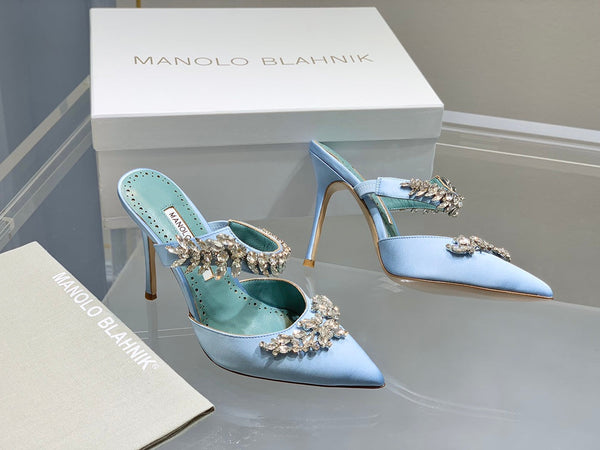 Manolo Mules Crystal Blue Silk Satin 219380