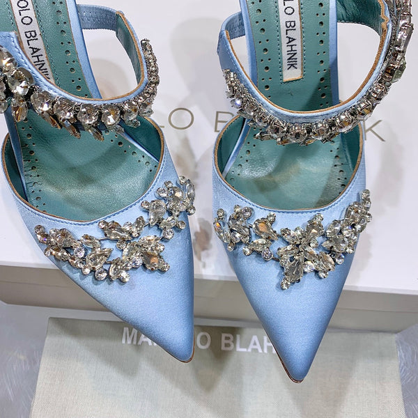 Manolo Mules Crystal Blue Silk Satin 219380
