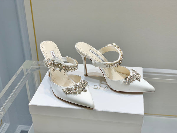 Manolo Mules Crystal White Silk Satin 219381