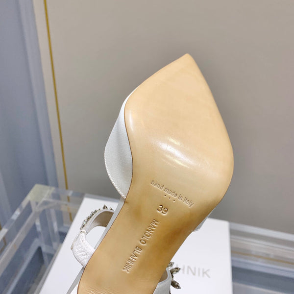 Manolo Mules Crystal White Silk Satin 219381