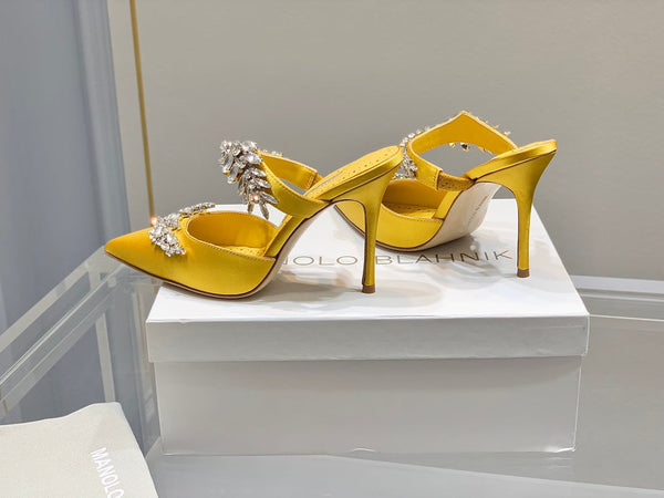 Manolo Mules Crystal Yellow Silk Satin 219384