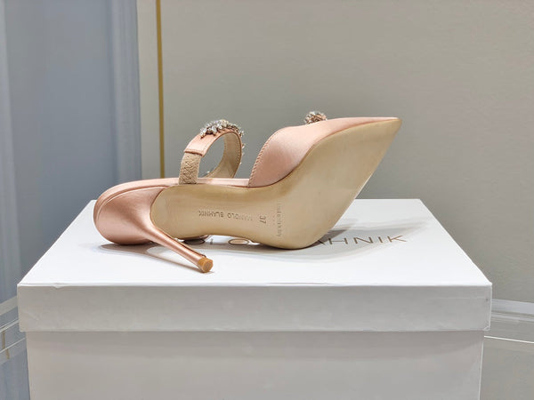 Manolo Mules Crystal Pink Silk Satin 219386