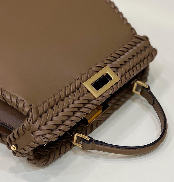 PEEKABOO ISEEU 27 IN BROWN SMOOTH CALFSKIN WITH WOVEN TRIM GOLD HARDWARE