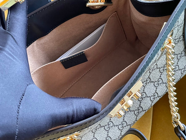 GG PADLOCK MEDIUM 26 SHOULDER BAG BEIGE CANVAS AND BLACK CALFSKIN