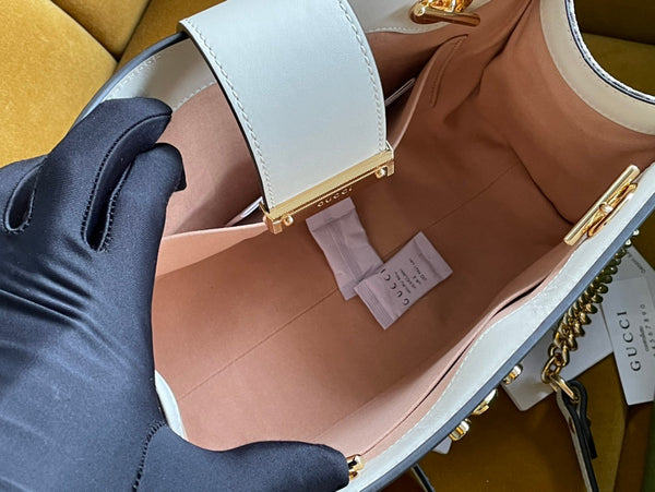 BORSA A TRACOLLA GG PADLOCK MEDIUM 26 IN TELA BEIGE E PELLE DI VITELLO BIANCA