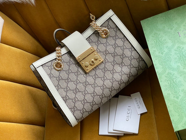 BORSA A TRACOLLA GG PADLOCK MEDIUM 26 IN TELA BEIGE E PELLE DI VITELLO BIANCA