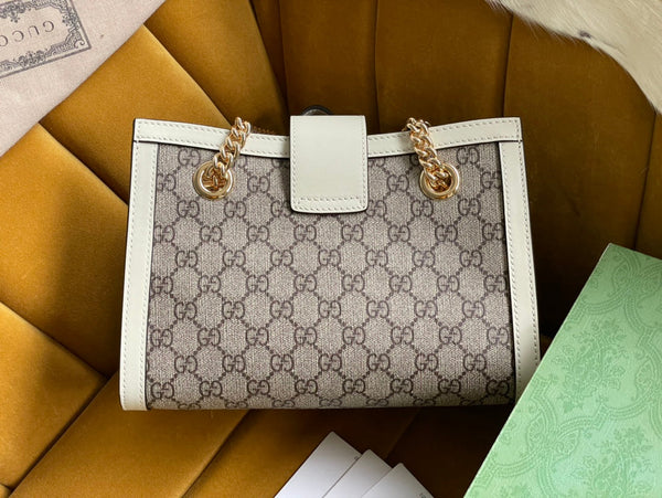 BORSA A TRACOLLA GG PADLOCK MEDIUM 26 IN TELA BEIGE E PELLE DI VITELLO BIANCA