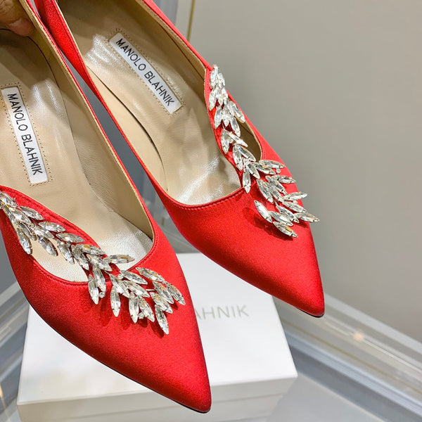 Manolo Wheat Ear Rhinestone High Heels Pumps Red Silk Fabric 327448