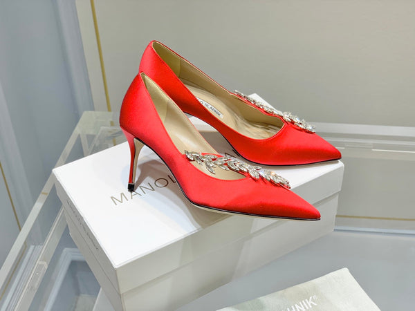 Manolo Wheat Ear Rhinestone High Heels Pumps Red Silk Fabric 327448