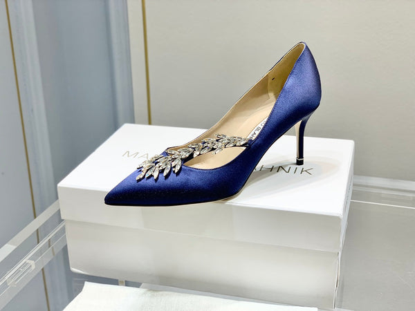 Manolo Wheat Ear Rhinestone High Heels Pumps Navy Blue Silk Fabric 327449