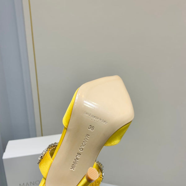 Manolo Mules Diamond Buckle Yellow Silk Satin 218811