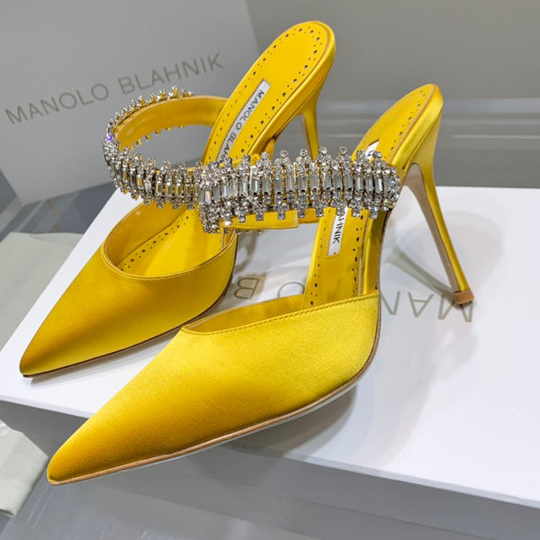 Manolo Mules Diamond Buckle Yellow Silk Satin 218811