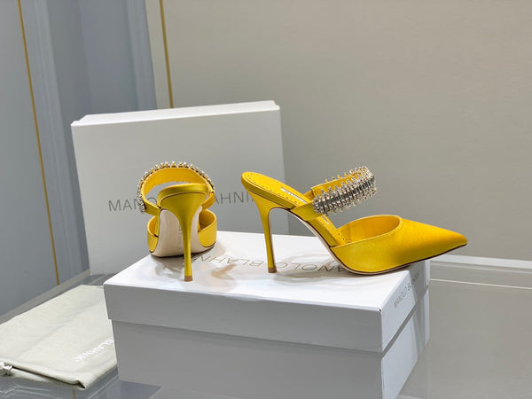 Manolo Mules Diamond Buckle Yellow Silk Satin 218811