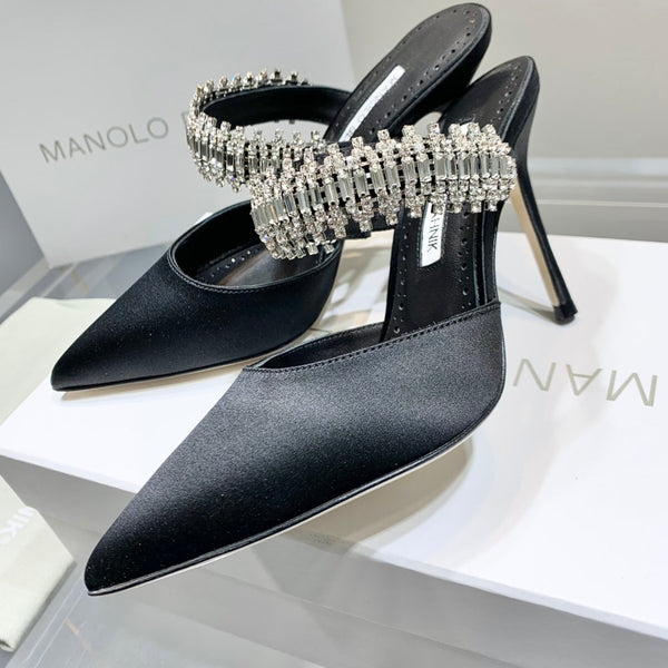 Manolo Mules Diamond Buckle Black Silk Satin 218812