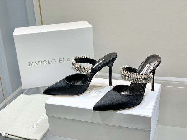Manolo Mules Diamond Buckle Black Silk Satin 218812