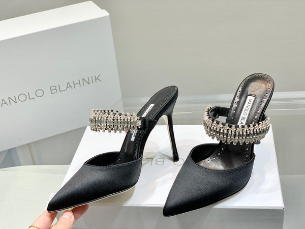 Manolo Mules Diamond Buckle Black Silk Satin 218812