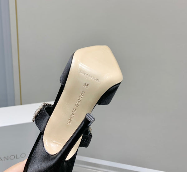 Manolo Mules Diamond Buckle Black Silk Satin 218812