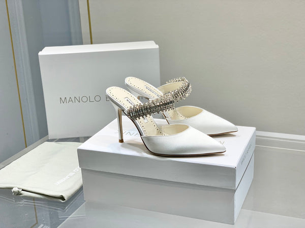 Manolo Mules Diamond Buckle White Silk Satin 218814