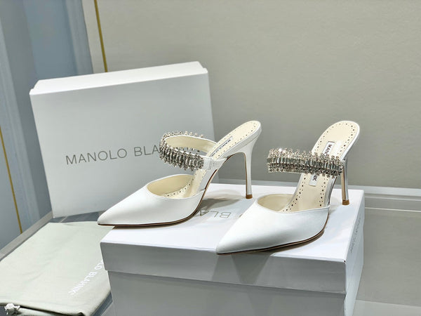Manolo Mules Diamond Buckle White Silk Satin 218814