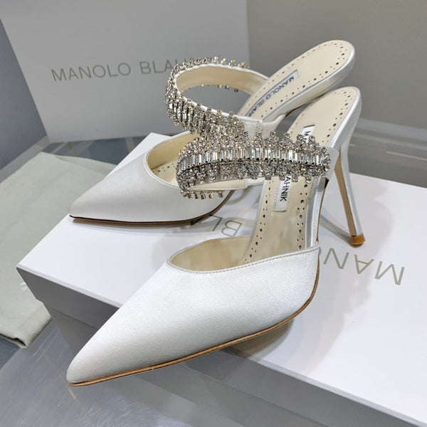 Manolo Mules Diamond Buckle White Silk Satin 218814