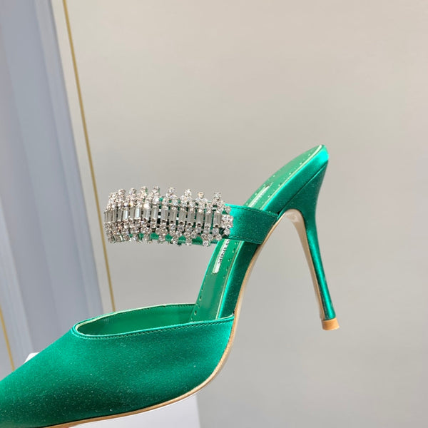 Manolo Mules Diamond Buckle Green Silk Satin 218813