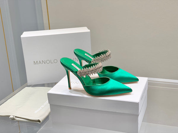 Manolo Mules Diamond Buckle Green Silk Satin 218813