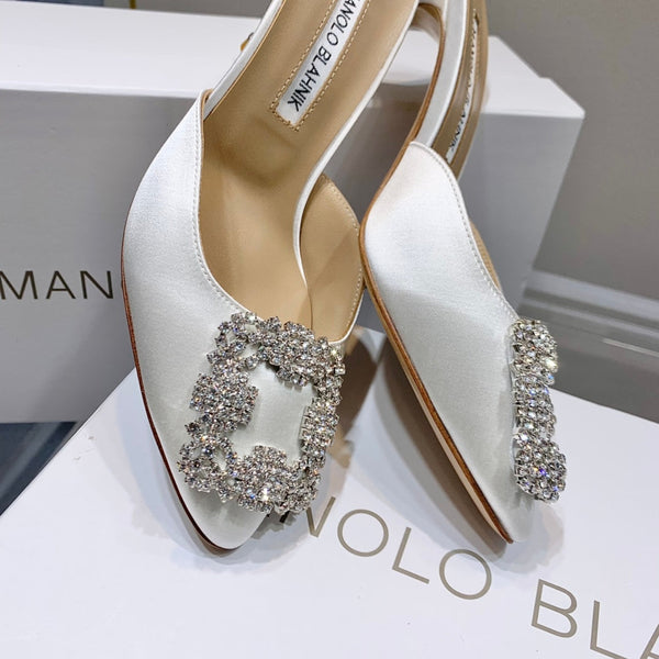 Manolo Buckle Mules 7cm White Silk 208019