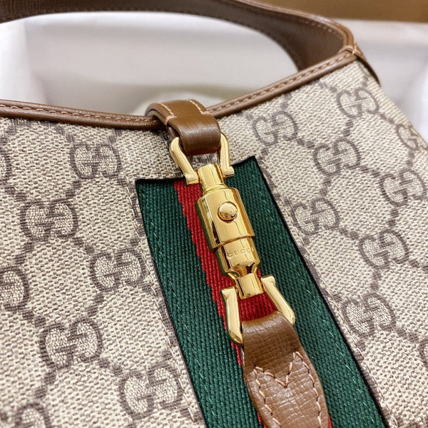 BORSA A TRACOLLA JACKIE 1961 SMALL 28 IN TELA BEIGE E PELLE DI VITELLO MARRONE