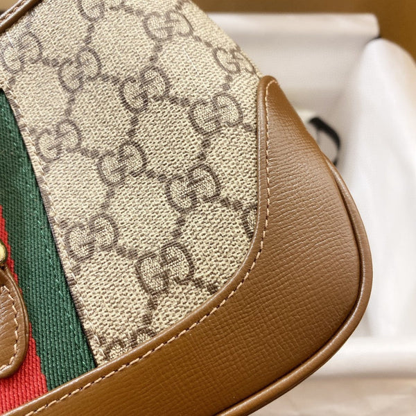 BORSA A TRACOLLA JACKIE 1961 SMALL 28 IN TELA BEIGE E PELLE DI VITELLO MARRONE