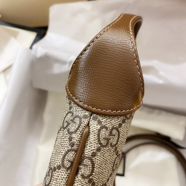 BORSA A TRACOLLA JACKIE 1961 SMALL 28 IN TELA BEIGE E PELLE DI VITELLO MARRONE