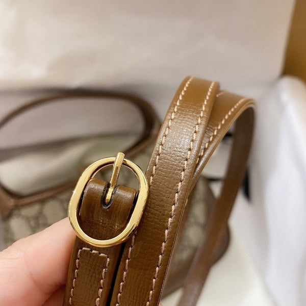 BORSA A TRACOLLA JACKIE 1961 SMALL 28 IN TELA BEIGE E PELLE DI VITELLO MARRONE