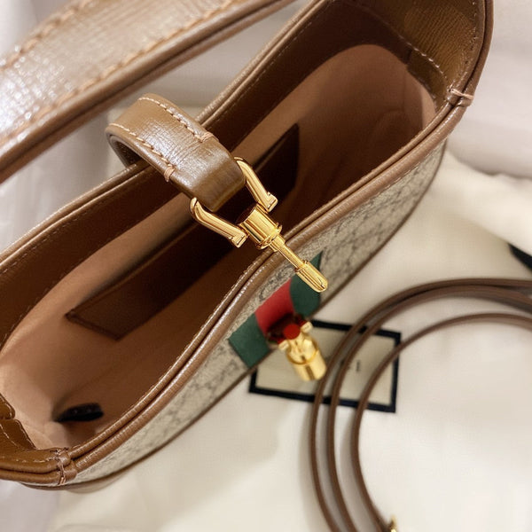 BORSA A TRACOLLA JACKIE 1961 SMALL 28 IN TELA BEIGE E PELLE DI VITELLO MARRONE