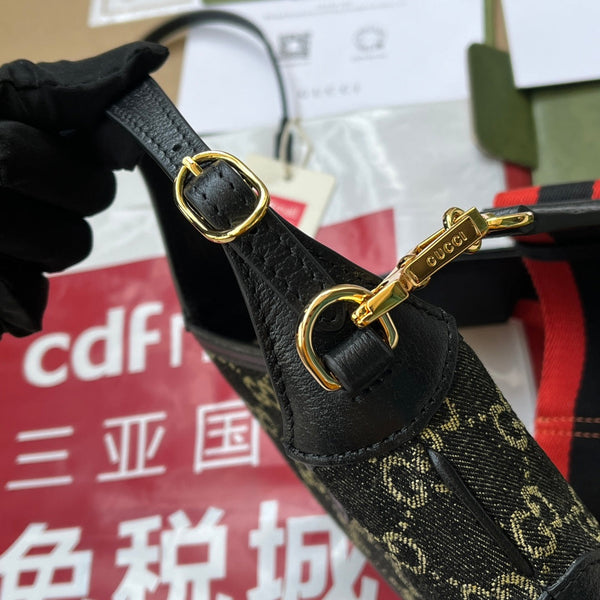 BORSA A MANO PICCOLA JACKIE 1961 19 IN DENIM NERO GIALLO E BORDI IN PELLE DI VITELLO NERA, FERRAMENTA ORO