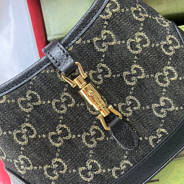 BORSA A MANO PICCOLA JACKIE 1961 19 IN DENIM NERO GIALLO E BORDI IN PELLE DI VITELLO NERA, FERRAMENTA ORO