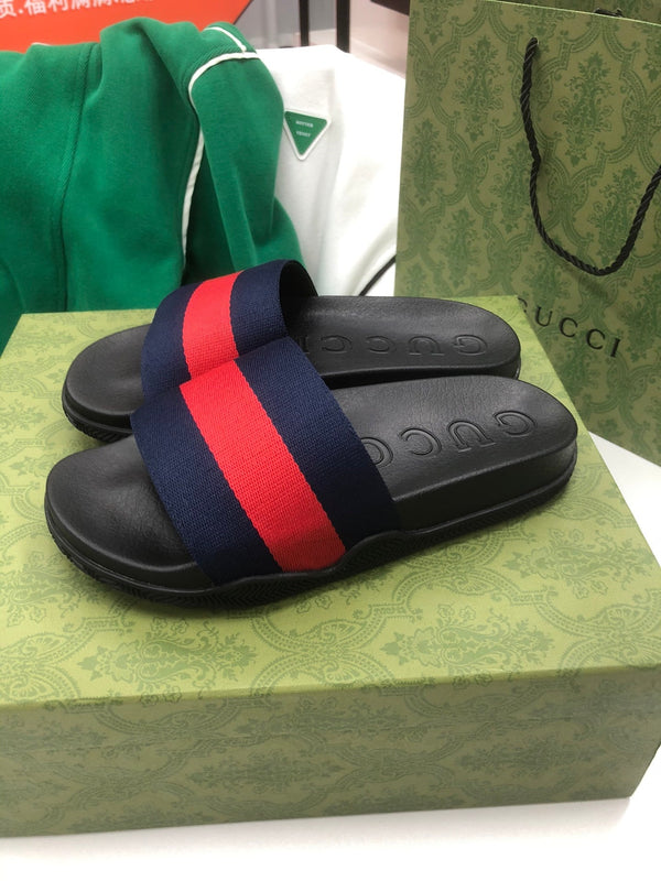 GG Web Slide Sandals Black Red Rubber Cotton 788218