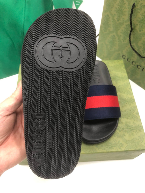 GG Web Slide Sandals Black Red Rubber Cotton 788218